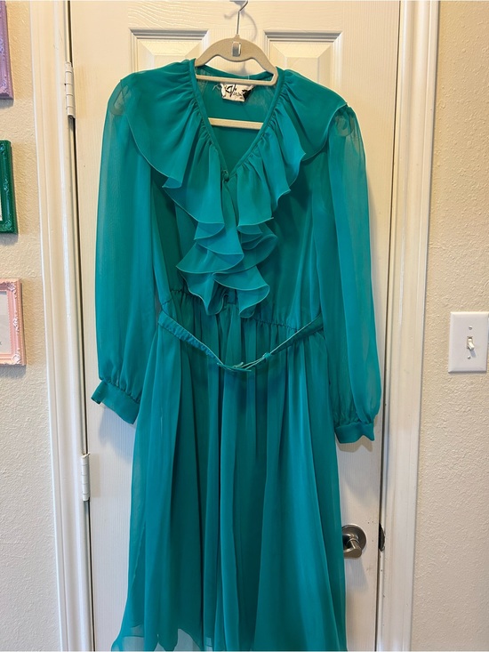 Vince Dresses & Skirts - Vincenti Vintage Teal Ruffled Dress with Belt 1960’s-1970’s